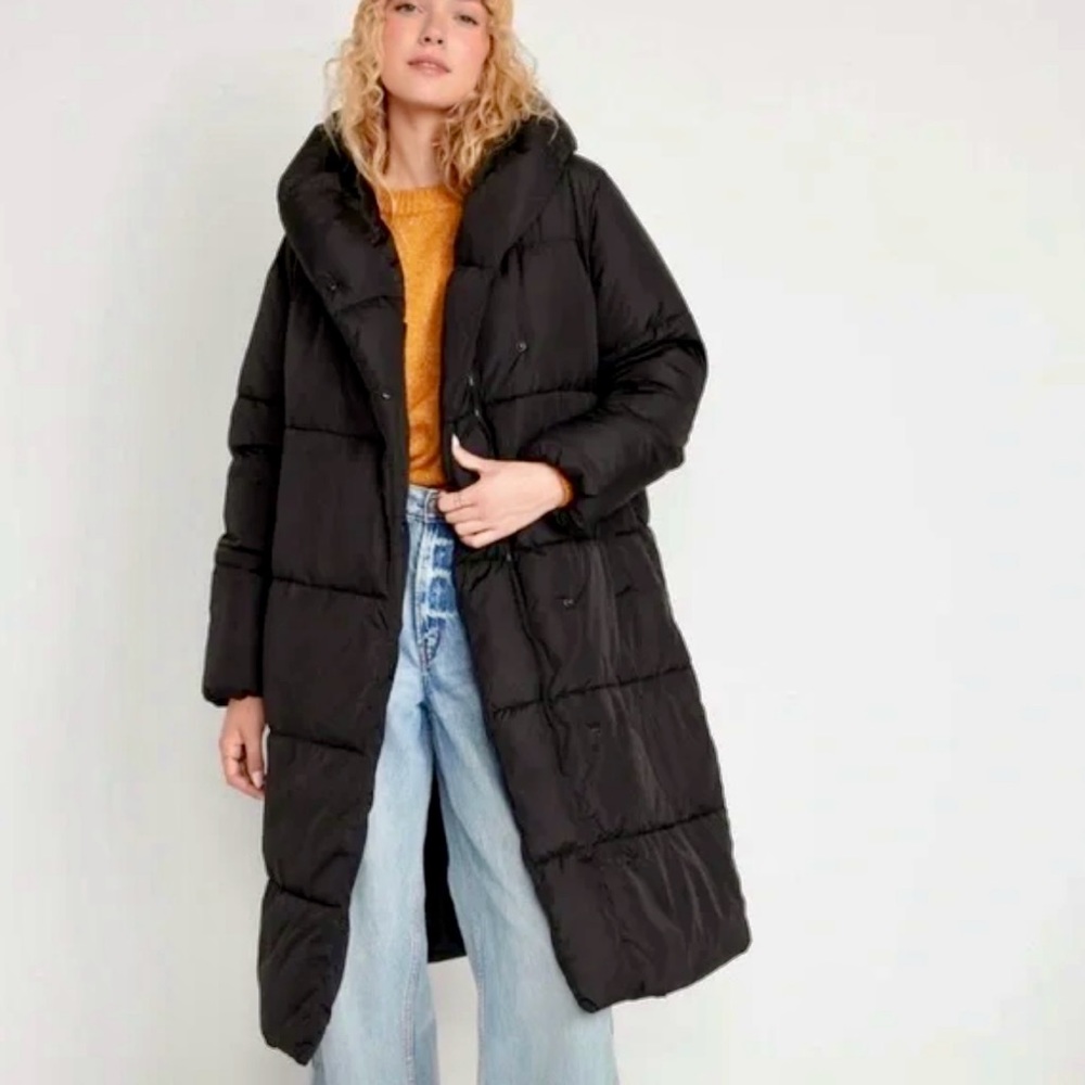 Old Navy Water-Resistant Long Hooded Puffer Coat for Women BLACK XS